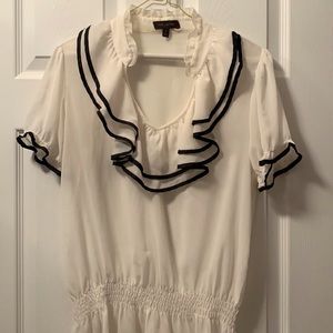 3/$30 - Limited Cream Short Sleeve Blouse with Ruffle Neck, M